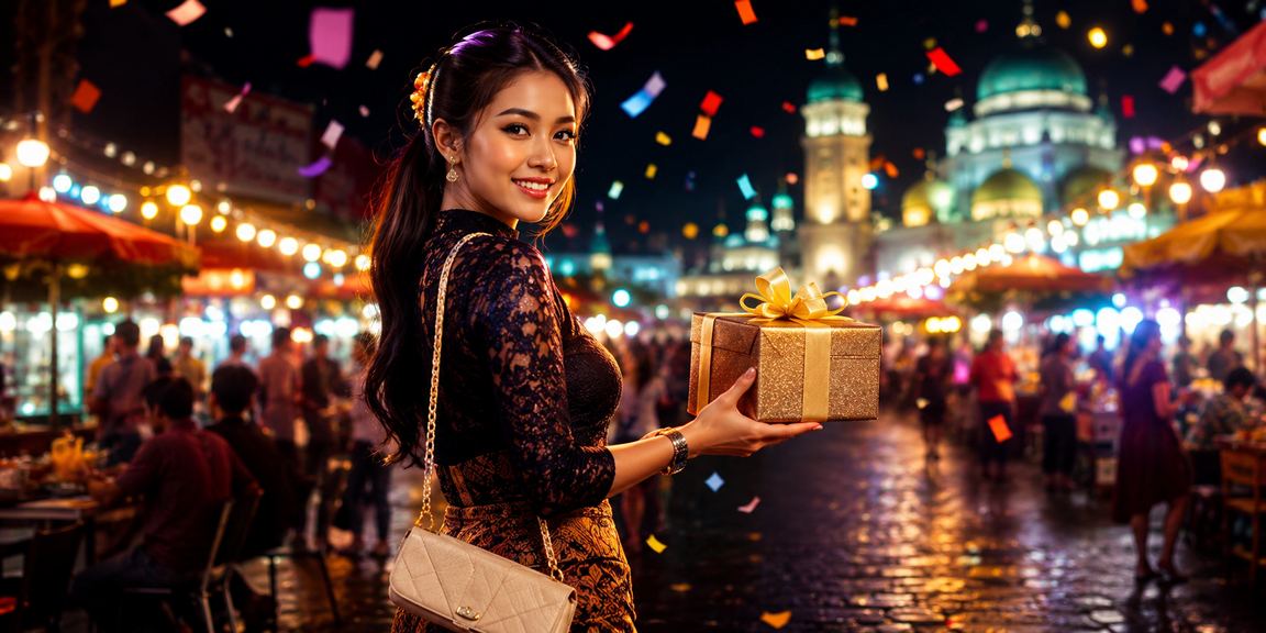 Suasana malam pasar dengan taruhan aktif dan layar promo yang berwarna-warni di backdrop neon